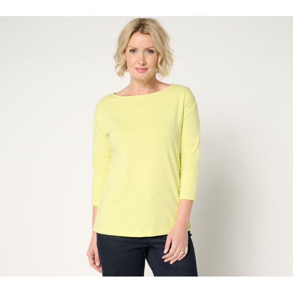 Denim & Co. Women's Top Sz M Texture Knit Striped or Solid Button Yellow A677668